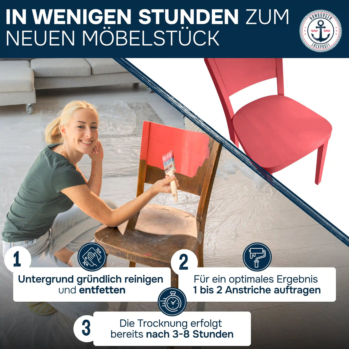 Pintura para muebles sin lijar RAL 3003 Rojo rubí - Esmalte para muebles con kit de pintura (X300), Imagen 6