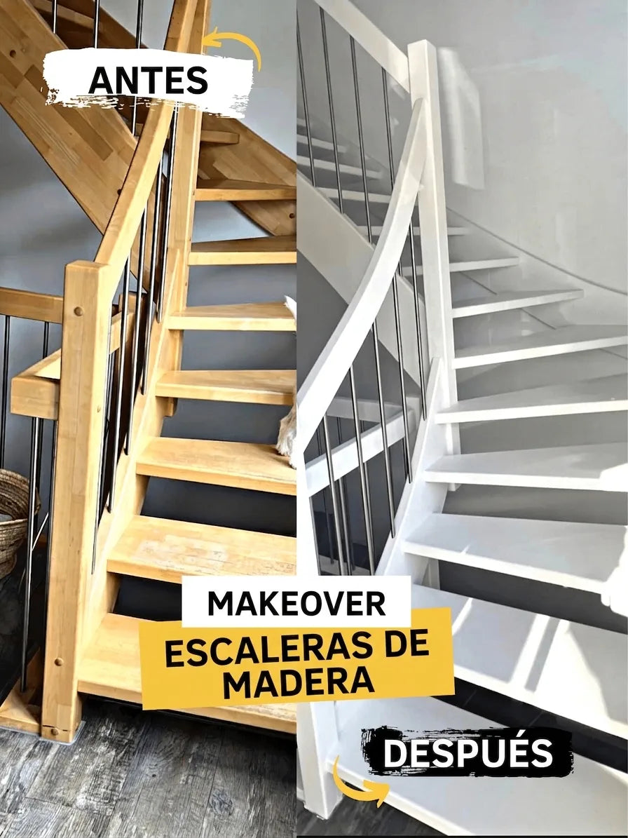 Antes y después de una renovación de escalera: de madera natural a blanca moderna con barandales metálicos.