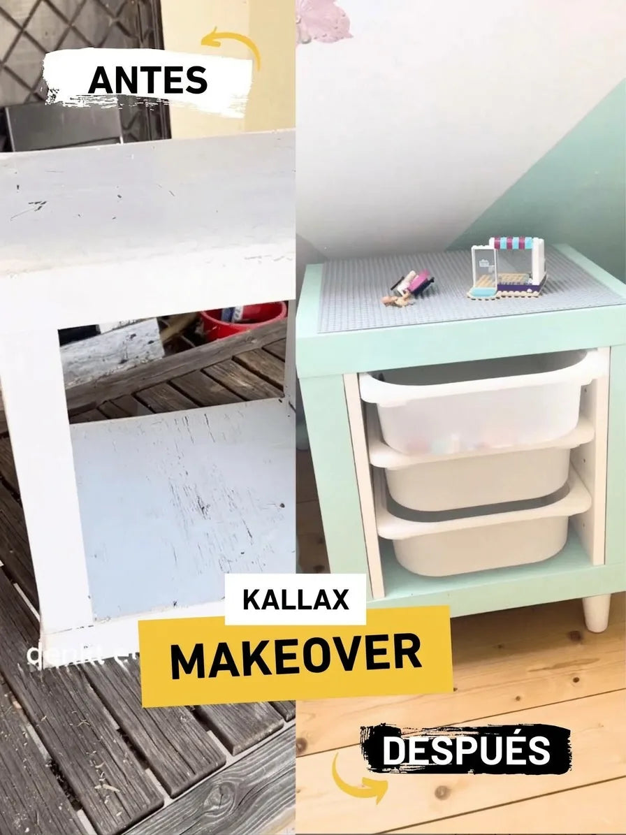 Imagen de antes y después de una estantería Kallax. Antes: mueble blanco desgastado en exterior. Después: mueble verde claro con patas, base
