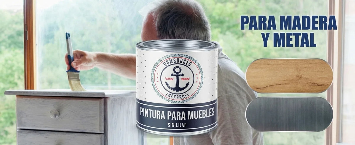 Hombre pintando mueble con pintura HAMBURGER LACKPROFI para madera y metal; lata y texturas de materiales visibles.
